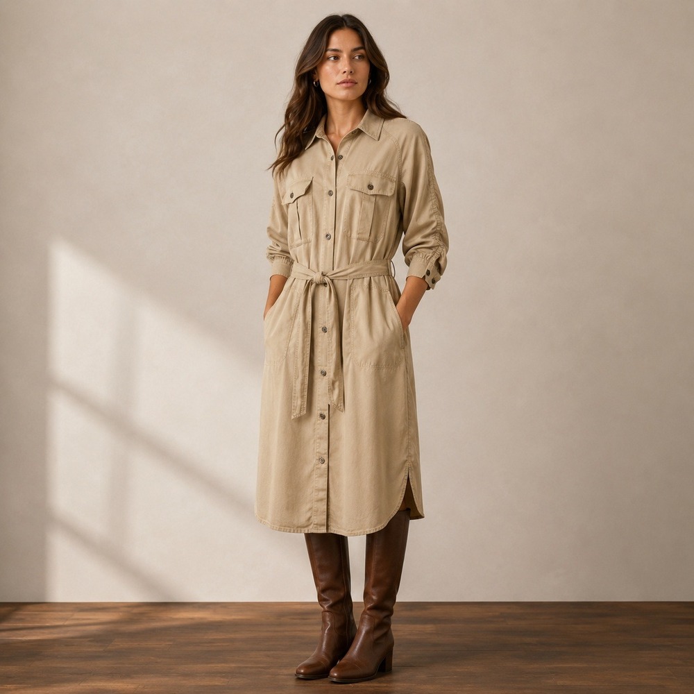 Lauren Ralph Lauren Shirt Dress Womens 12 Tan NWOT Ruched Sleeve Utility Safari